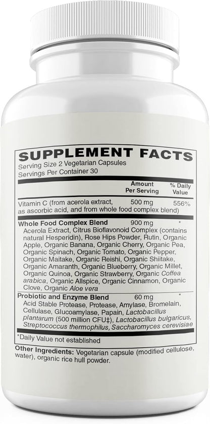 Vitamin C | 500mg Whole Food Vitamin C from Acerola Cherry Extract with Citrus Bioflavonoid Complex | 23 Organic Fruits & Vegetables Blend | Probiotics and Enzymes | 60 Vegan Capsules