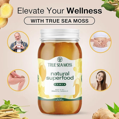 TrueSeaMoss Wildcrafted Irish Sea Moss Gel with Ashwagandha- Made with Seamoss - Vegan-Friendly - Supports Health, Made in USA from Fresh Sea Vegetables (5 in 1, Pack of 3)