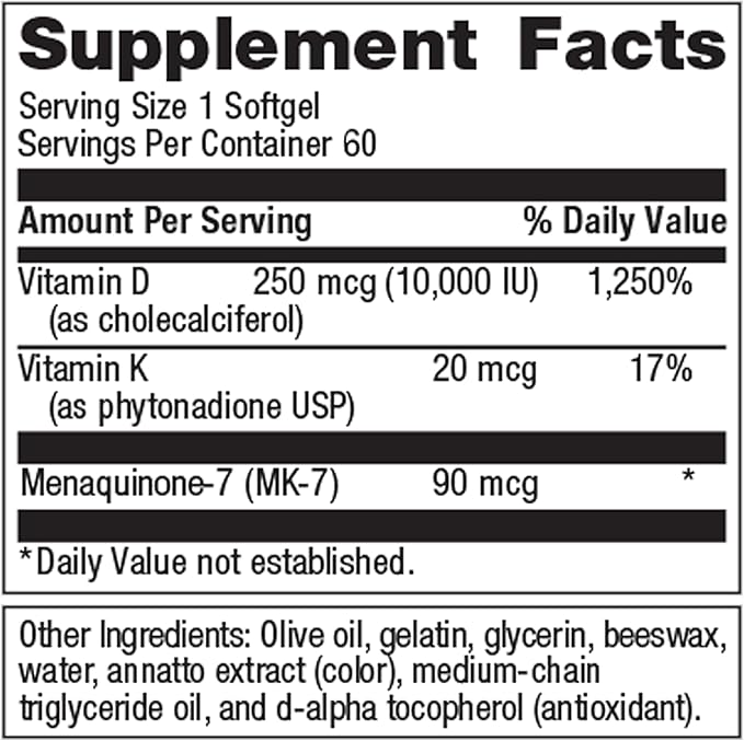 Metagenics Vitamin D3 + K - for Immune Support, Bone Health & Heart Health* - Vitamin D with MK-7 (Vitamin K2) - Non-GMO - Gluten-Free - 60 Softgels - 10,000 IU
