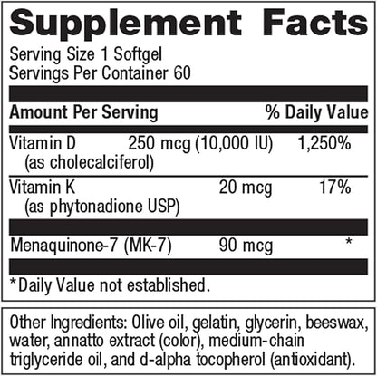 Metagenics Vitamin D3 + K - for Immune Support, Bone Health & Heart Health* - Vitamin D with MK-7 (Vitamin K2) - Non-GMO - Gluten-Free - 60 Softgels - 10,000 IU