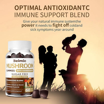 Mushroom Gummies - 10x Mushroom Supplement with Ashwagandha and Lions Mane (120 Chews) Nootropic Brain Supplement, Immune Support & Stress Relief (Pack of 2)