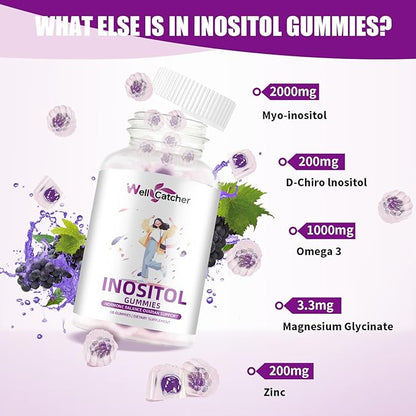 Inositol Gummies Myo-Inositol & D-Chiro Inositol Ideal 40:1 Ratio Inositol Supplement with Omega-3 Vitamin D3 Supports Healthy Ovulation Cycle Regularity Grape Flavor 2 Packs