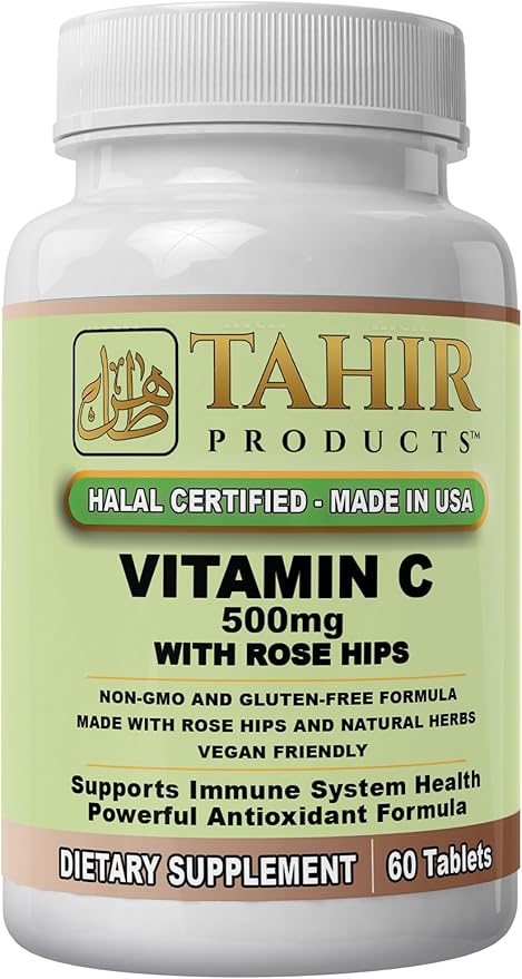 Tahir Halal Vitamin C 500mg Tablets with Rose HIPS – Immune Support and antioxidant Blend with Citrus bioflavonoids. Vegan, Gluten-Free, Non-GMO. 60 Tablets. Made in USA – Certified Halal.