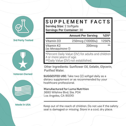 Luma Nutrition D3 + K2 Vitamin 10000 IU - Bone and Heart Health Supplement - Max Strength Immune Support and Calcium Absorption - 60 Softgels