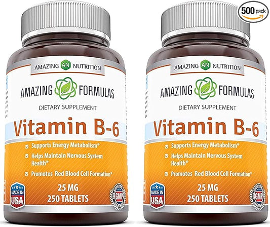 Amazing Formulas Vitamin B6 Pyridoxine 25mg 250 Tablets Supplement | Non-GMO | Gluten Free | Made in USA (2 Pack)