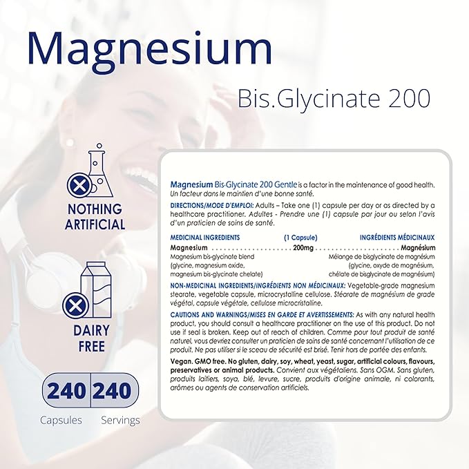 CanPrev Magnesium BisGlycinate Gentle 200mg, 240 v-Caps 240-Day Supply - Pure Elemental Magnesium Supplement, Supports Bone and Muscle Function, Gentle on Stomach, Perfect for Daily Magnesium Needs