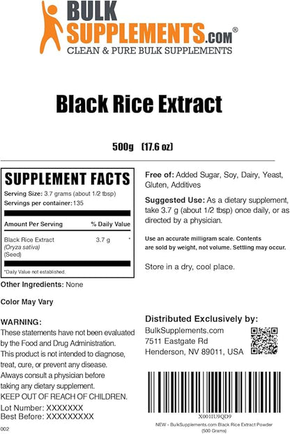 BulkSupplements.com Black Rice Extract Powder - Black Rice Powder, Gluten Free Supplement - Unflavored, 3.7g per Serving, 500g (1.1 lbs) (Pack of 1)
