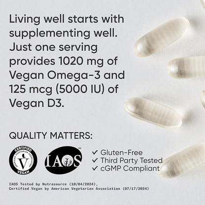 Sports Research® Vegan Omega-3 + Vitamin D3 5000iu (125mcg) - Vegan Certified · Carrageenan Free · Gluten Free - 60 Plantgel® Capsules