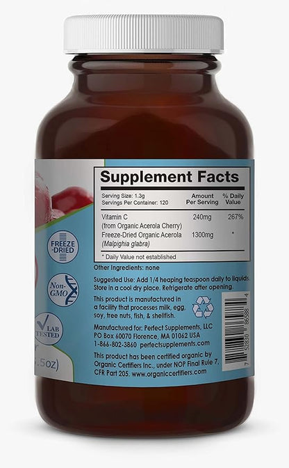 Perfect Supplements – Perfect Acerola Powder – 156 Grams – 100% Pure Acerola Cherry – All-Natural Vitamin C Superfood – Immune System Support