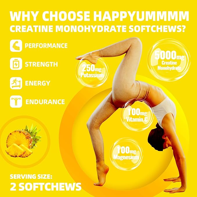 Creatine Monohydrate Soft Chews 5g for Men & Women, Preworkout Gummy with Electrolyte for Muscle Growth, Strength & Energy Support, Pineapple 60 pcs