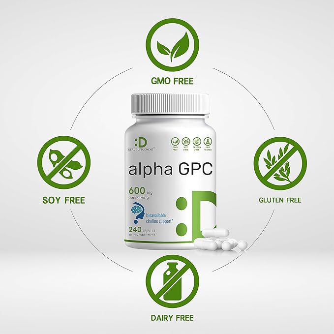 DEAL SUPPLEMENT Alpha GPC 600mg Per Serving, 240 Capsules – Bioavailable Choline Replenishment –Nootropic Brain Health Supplements for Memory and Focus – Non-GMO, Gluten Free