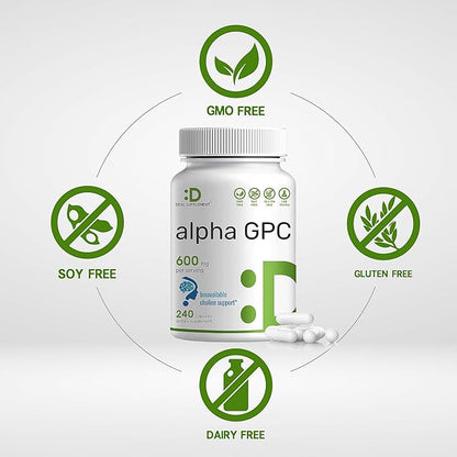 DEAL SUPPLEMENT Alpha GPC 600mg Per Serving, 240 Capsules – Bioavailable Choline Replenishment –Nootropic Brain Health Supplements for Memory and Focus – Non-GMO, Gluten Free