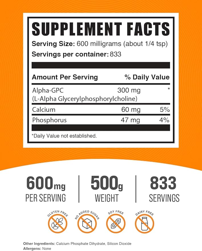 BulkSupplements.com Alpha GPC Powder - Choline Supplements, Alpha GPC 300mg - Acetylcholine Supplements, Unflavored & Gluten Free, 600mg per Serving, 500g (1.1 lbs) (Pack of 1)