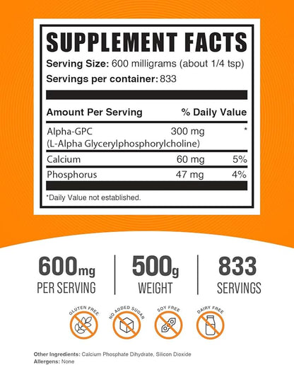 BulkSupplements.com Alpha GPC Powder - Choline Supplements, Alpha GPC 300mg - Acetylcholine Supplements, Unflavored & Gluten Free, 600mg per Serving, 500g (1.1 lbs) (Pack of 1)