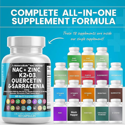 NAC Supplement N-Acetyl Cysteine Vitamin D3 K2 Zinc Quercetin Sarracenia Purpurea Immune Support | Elderberry Holy Basil Bee Propolis Bromelain L-Lysine Capsules Supplements For Women Men Adults