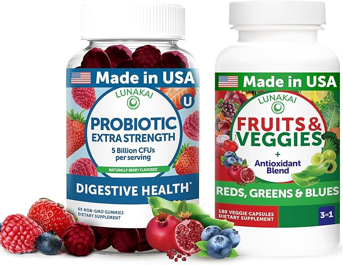 Lunakai USA Made Probiotic Gummies & Fruits & Veggies Capsules – Digestive & Whole-Body Wellness Support – 60 Gummies & 180 Veggie Capsules