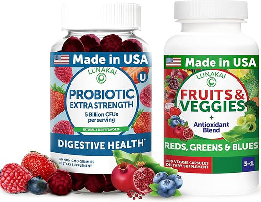 Lunakai USA Made Probiotic Gummies & Fruits & Veggies Capsules – Digestive & Whole-Body Wellness Support – 60 Gummies & 180 Veggie Capsules