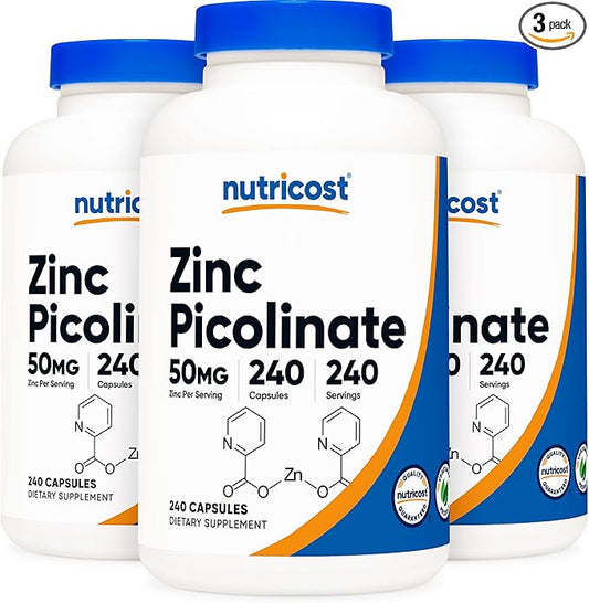 Nutricost Zinc Picolinate 50mg, 240 Vegetarian Capsules (3 Bottles) - Gluten Free and Non-GMO