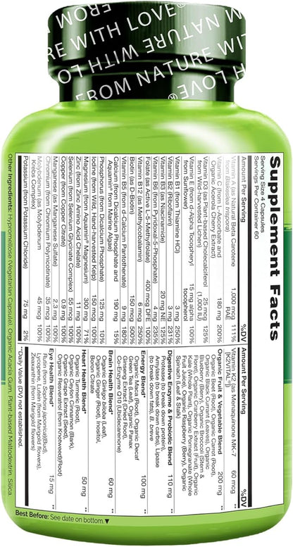 NATURELO Mens Multivitamins - Whole Food Multivitamin for Men with Vitamins, Minerals - 240 Vegetarian Capsules for Energy, Brain, Heart, Eye Health*