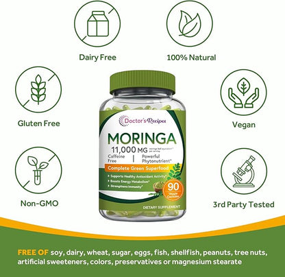 Doctor's Recipes Moringa 11,000 mg Strength, Complete Green Superfood, Natural Antioxidant Support, Non-GMO, 90 Vegan Caps, No Caffeine Soy Gluten