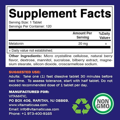 Vitamatic Melatonin 20 mg Tablets | Vegetarian, Non-GMO, Gluten Free | HIGH Potency 20 MG | Natural Berry Flavor (1/2 Tablets = Melatonin 10 mg) (120 Count (12 Pack Wholesale Buy))