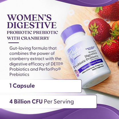 Doctor's BEST Womens Digestive Probiotic Prebiotic with Cranberry and PreforPro (4 Billion CFU), Supports Urinary Tract, Non-GMO, Vegan 30 Veggie Caps