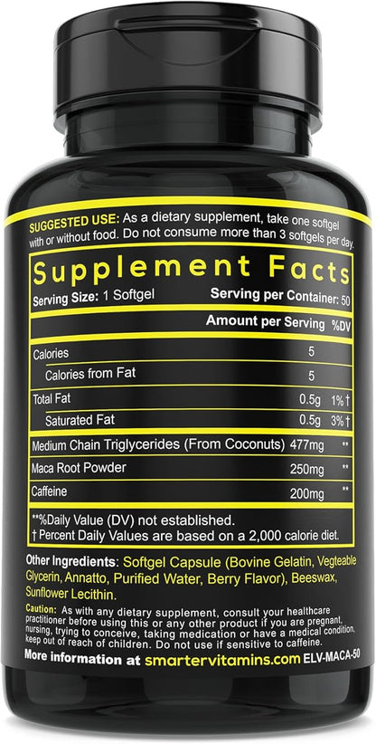 Smarter Energy Pills, 200mg Caffeine & Coconut MCT Oil with Maca Root, 50 Liquid Softgels