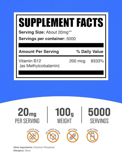 BulkSupplements.com Vitamin B12 Methylcobalamin Powder - 1% B12 Methylcobalamin, Essential B Vitamin - B12 Supplement, Gluten Free, 20mg per Serving, 100g (3.5 oz) (Pack of 1)