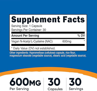 Nutricost N-Acetyl L-Cysteine (NAC) 600mg, 30 Vegan Capsules - GMO Free, Gluten Free, Vegetarian Caps