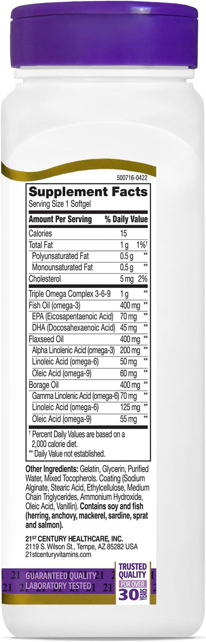 21st Century Vitamins Enteric Coated Triple Omega Complex 3-6-9, Reflux Free 90 Softgels, MTC22874X5