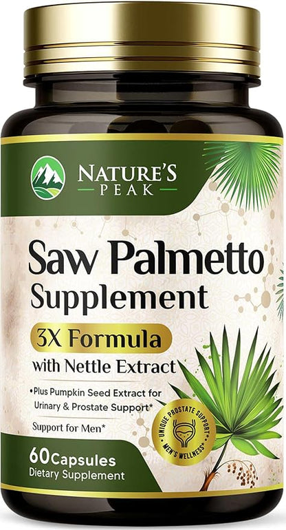 Saw Palmetto for Men Prostate Supplement - Potent 3X Formula with Stinging Nettle + Pumpkin Seed Extract for Men's Health, Herbal Prostate Supplement for Urinary Support, Bottled in USA, 60 Capsules