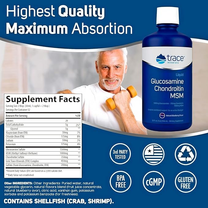 Trace Minerals Glucosamine/Chondroitin/MSM - Liquid Supplement Aids Body Mineral Health - Support for Bone Strength & Joint Health - Mobility Support Supplement - Natural Blueberry Flavor, 32 fl oz