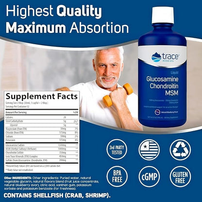 Trace Minerals Glucosamine/Chondroitin/MSM - Liquid Supplement Aids Body Mineral Health - Support for Bone Strength & Joint Health - Mobility Support Supplement - Natural Blueberry Flavor, 32 fl oz