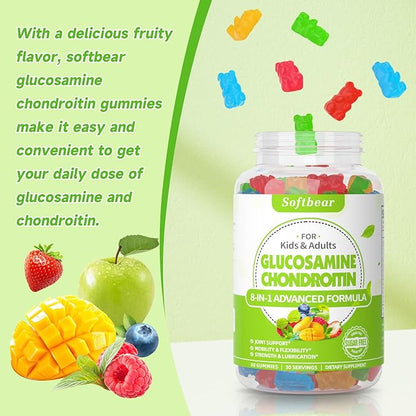 softbear Glucosamine Chondroitin Gummies with MSM Triple Strength, Organic Vegan Chondroitin & Glucosamine Nutritional Supplements for Joint Support Mixed Fruit Flavor 60 Gummies