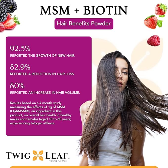 MSM + Biotin Hair Benefits Powder - Hair Growth MSM Supplement for Women & Men - Biotin & Vitamin C Blend - Wildberry MSM Powder for Hair Volume & Strength - Gluten-Free - 30 Servings (8.5 Oz)
