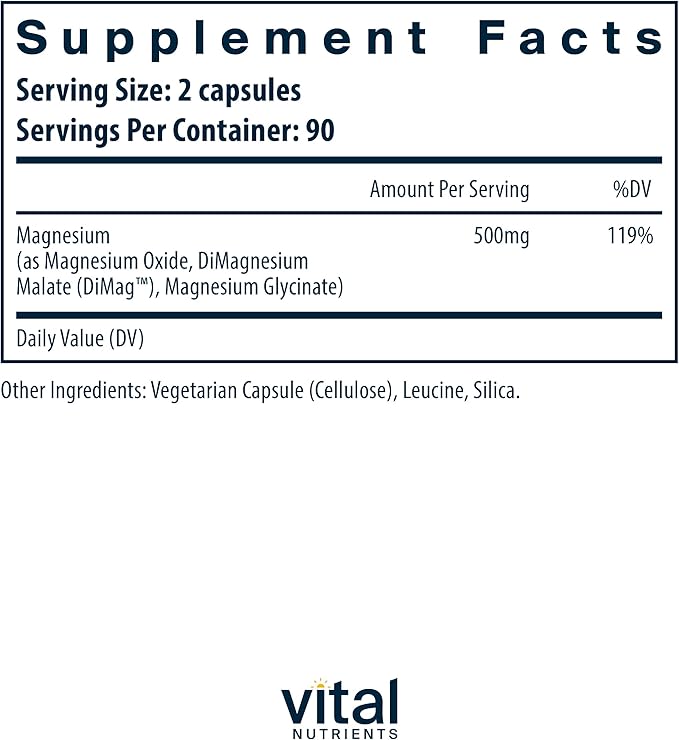 Vital Nutrients Triple Magnesium Complex Supplement | Vegan Magnesium Glycinate, Malate & Oxide 250mg | Easily Absorbed Magnesium Supplement for Stress, Muscle, Heart, Bone Support | 180 Capsules