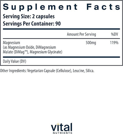Vital Nutrients Triple Magnesium Complex Supplement | Vegan Magnesium Glycinate, Malate & Oxide 250mg | Easily Absorbed Magnesium Supplement for Stress, Muscle, Heart, Bone Support | 180 Capsules