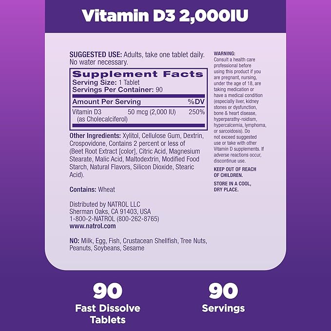 Natrol Fast Dissolve Vitamin D3 2,000 IU, Dietary Supplement for Bone and Joint Health, Bone Support Supplement, 90 Tablets, 90 Day Supply