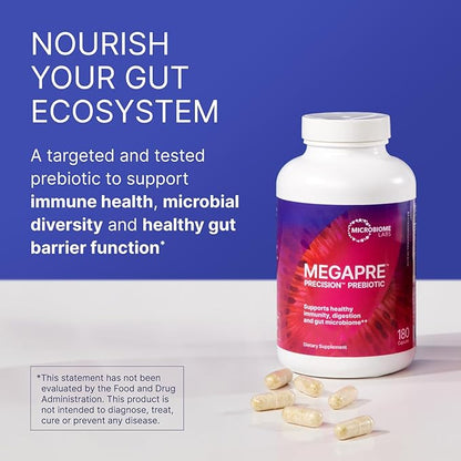 Microbiome Labs MegaPre Prebiotic Fiber Supplement in Vegetable Capsules - Prebiotic Supplement with Clinically Tested Oligosaccharides - Support Microbial Diversity & Gut Health (180 Capsules)
