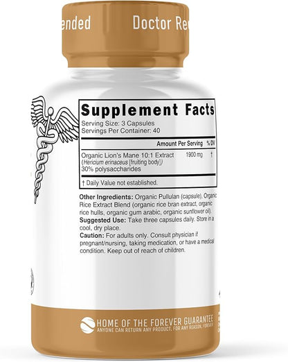Nature's Fusions Nutri Organic Lions Mane Supplement Capsules - 1900 mg, 10:1 Dual Extraction, 120 Count - Mushroom Extract (Fruiting Body) - Third Party Tested