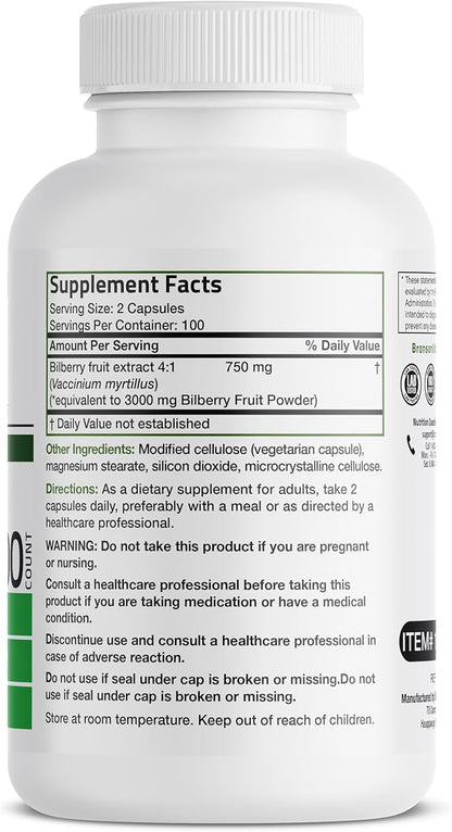 Bronson Bilberry Extra Strength Vaccinium Myrtillus, Promotes Eye Health and Supports Healthy Vision - Non GMO, 200 Vegetarian Capsules