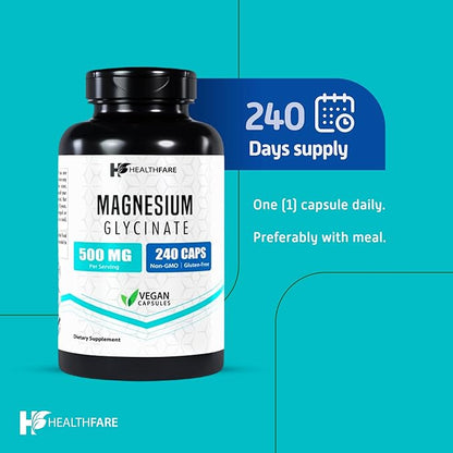 Magnesium Glycinate 500mg | 240 Veg Capsules | High-Absorption Chelated Magnesium | Gluten-Free | Non-GMO | Made in The USA
