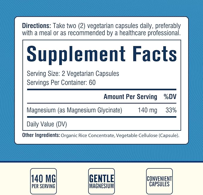 Magnesium Glycinate, 140 mg Elemental Magnesium Per Serving, Non Buffered, Max Absorption, Muscle Function, Nerve Health & Relaxation Support, 120 Vegetarian Caps