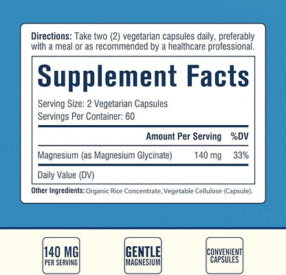 Magnesium Glycinate, 140 mg Elemental Magnesium Per Serving, Non Buffered, Max Absorption, Muscle Function, Nerve Health & Relaxation Support, 120 Vegetarian Caps