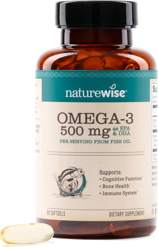 NatureWise Omega 3 Fish Oil - 500 mg per Pill - EPA & DHA - Immune Support, Brain & Heart Health, Optimal Wellness - Gluten and Soy Free, Non-GMO - 60 Softgels[2-Month Supply]