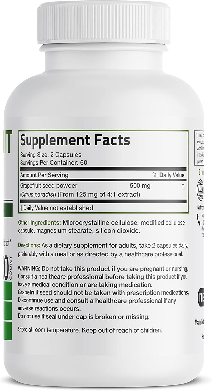 Bronson Grapefruit Seed Extract 500 MG per Serving Citrus Paradisi Supports Immune Health & Helps Maintain a Healthy Gastrointestinal Tract - Non-GMO, 120 Vegetarian Capsules