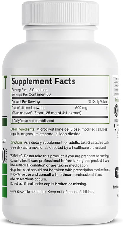 Bronson Grapefruit Seed Extract 500 MG per Serving Citrus Paradisi Supports Immune Health & Helps Maintain a Healthy Gastrointestinal Tract - Non-GMO, 120 Vegetarian Capsules