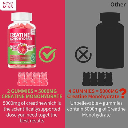 Creatine Monohydrate Gummies 5000mg for Men & Women, Chewables Creatine Monohydrate for Muscle Strength, Muscle Builder, Energy Boost, Pre-Workout Supplement(90 Count)-Strawberry Flavor