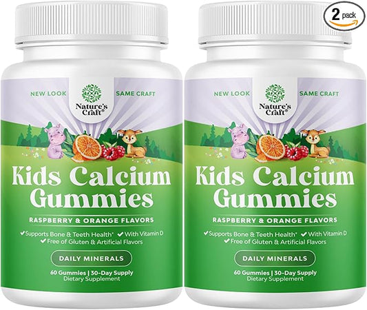 Natures Craft Tasty Kids Calcium Gummies - Vitamin D & Calcium Gummies for Children - Vitamin with & D for Muscle Bone Development Gelatin-Free Kosher Childrens 60ct (2 Pack)