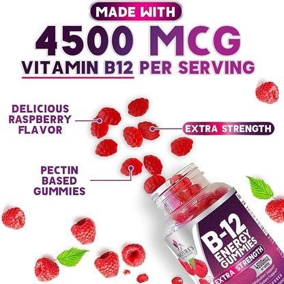 B-12 Vitamin Energy Gummies - 4500mcg Extra Strength B12 Gummy Chewables for Energy Metabolism & Immune Support - Dietary Supplement for Women, Men, & Kids - Non-GMO, Vegan, Berry Flavor - 60 Count